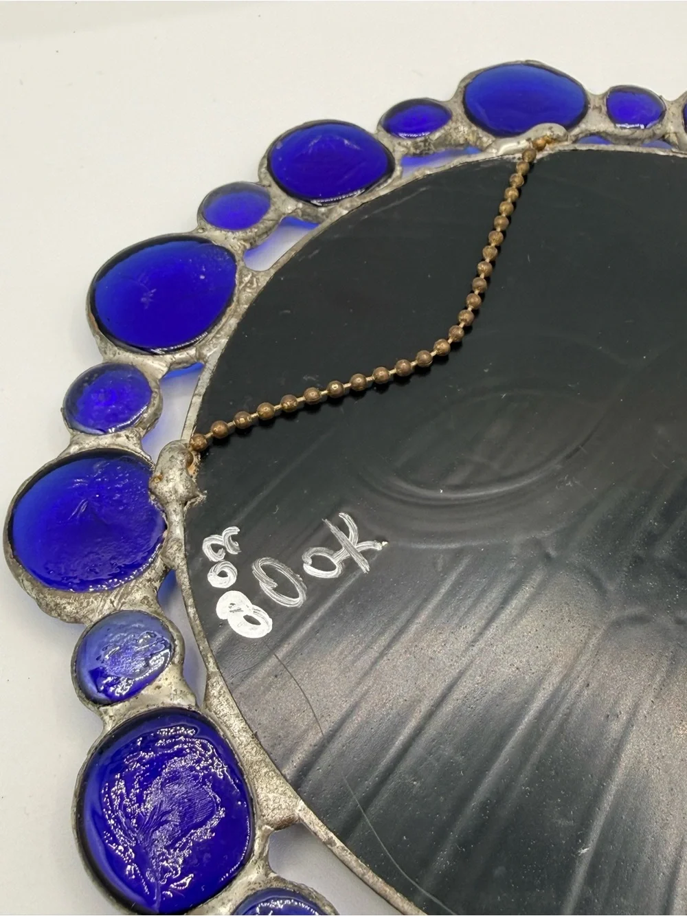 Stained glass Round Accent Mirror with Cobalt Blue Glass Cabochons